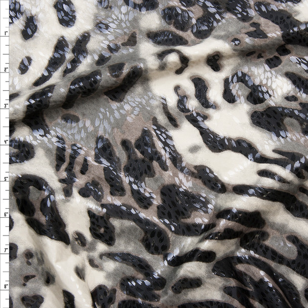 Grey and Black Leopard Print Poly Knit with Gloss Overlay Fabric By The Yard