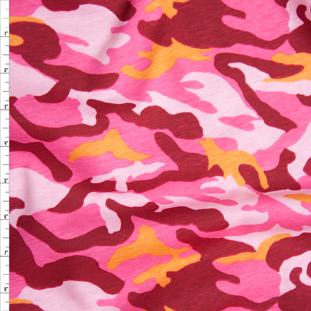 Pink and Orange Camouflage Midweight Cotton Jersey Knit Fabric By The Yard