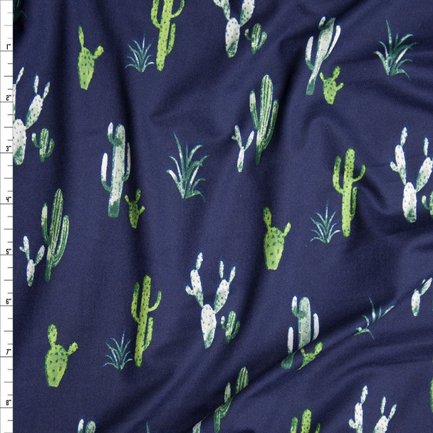 Green Cactus on Navy Blue Double Brushed Poly Spandex Knit Fabric By The Yard