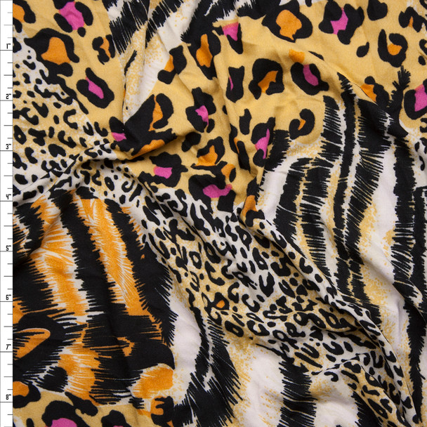 Black, Yellow, and Hot Pink Mixed Animal Print Double Brushed Poly Spandex Knit Fabric By The Yard