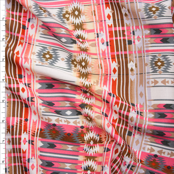 Pink, Tan, and Brown Southwestern Style Rayon Challis Print Fabric By The Yard