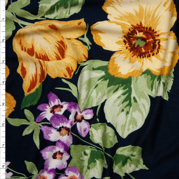 Yellow and Violet Large Floral on Navy Double Brushed Poly Spandex Knit Fabric By The Yard