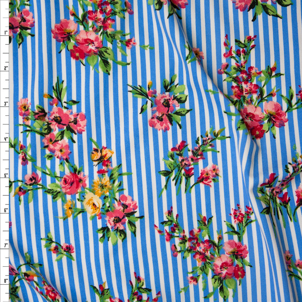 Pink Floral on White and Blue Stripe Double Brushed Poly Spandex Print Fabric By The Yard