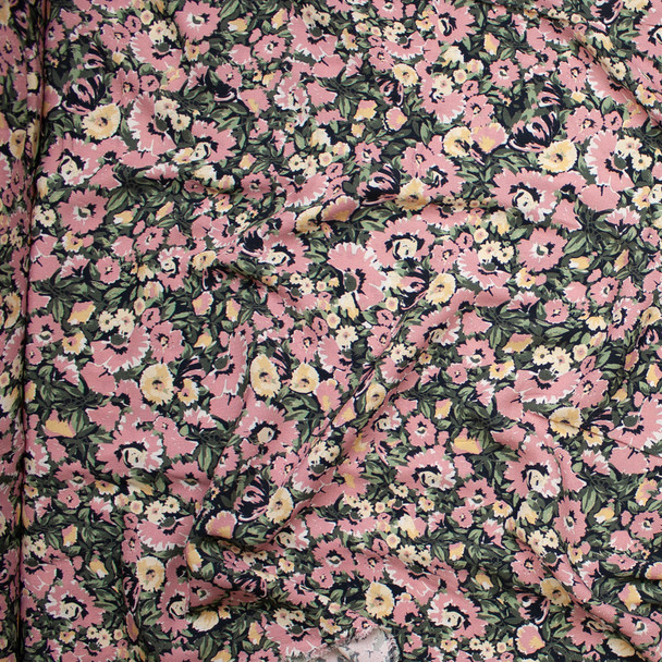 Cali Fabrics Dusty Rose, Yellow, and Sage Floral on Black Rayon Crepe ...