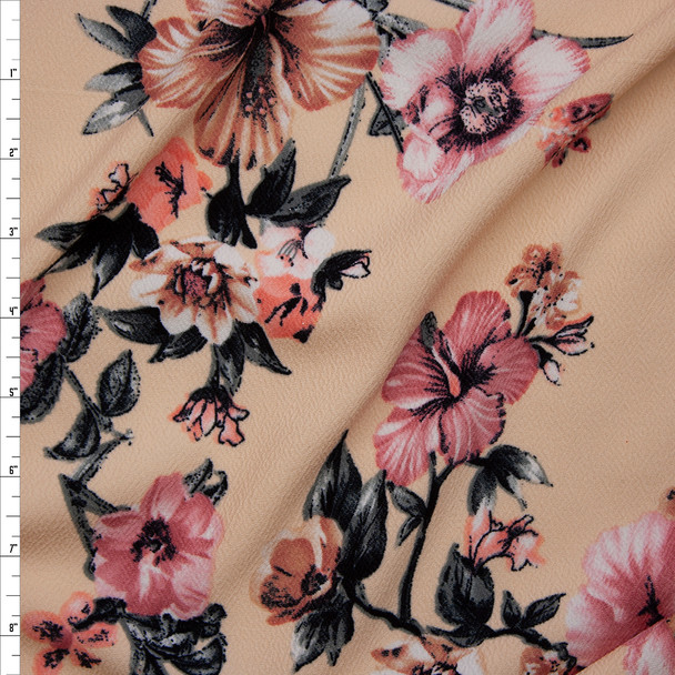 Dusty Pink, Peach, and Charcoal Floral on Soft Peach Liverpool Knit Fabric By The Yard