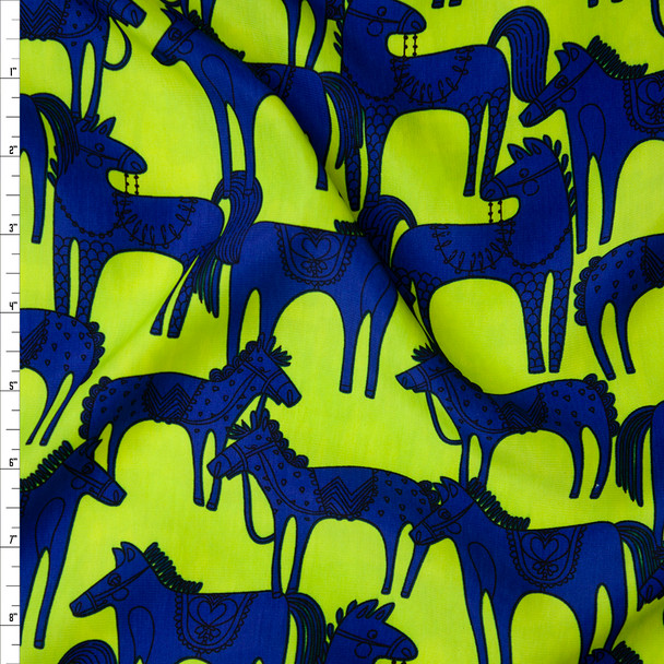 Bright Blue and Black Horses on Neon Lime Green Poly Peachskin Fabric By The Yard