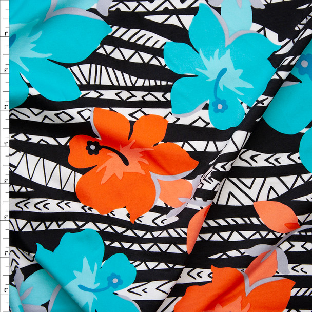 Orange and Aqua Hibiscus on Black and White Tribal Nylon/Lycra Fabric By The Yard