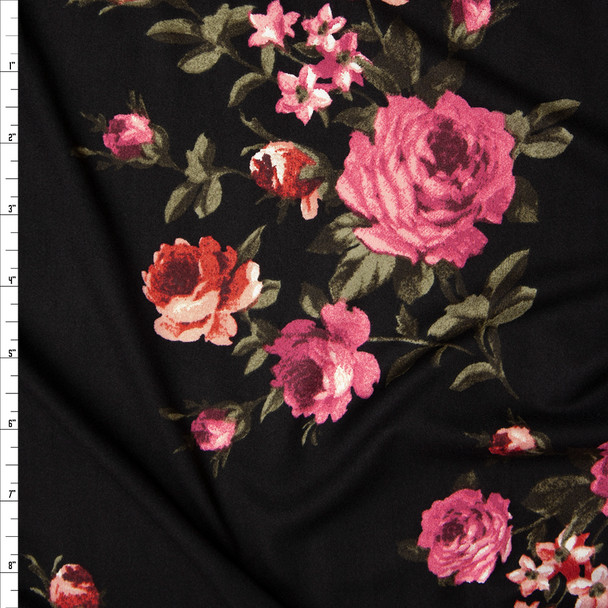 Pink, Sage, and  Brick Red Rose Floral Double Brushed Poly Spandex Print Fabric By The Yard