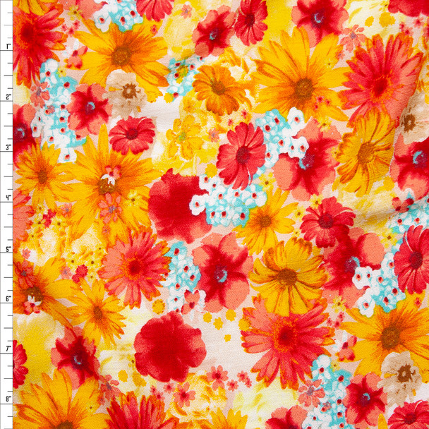 Red, Orange, White, and Aqua Floral Rayon Gauze Fabric By The Yard