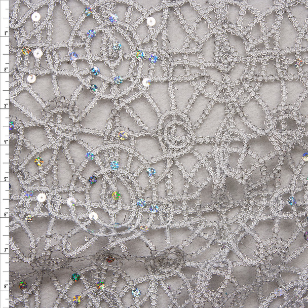 Silver Metallic Geometric Lace with Holographic Silver Sequin Fabric Fabric By The Yard