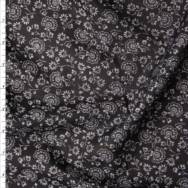 Grey on Black Floral Print Tencel Chambray Fabric By The Yard