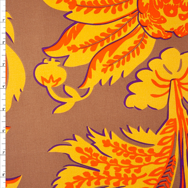 Yellow and Orange Floral Print on Tan Cotton Twill Fabric By The Yard