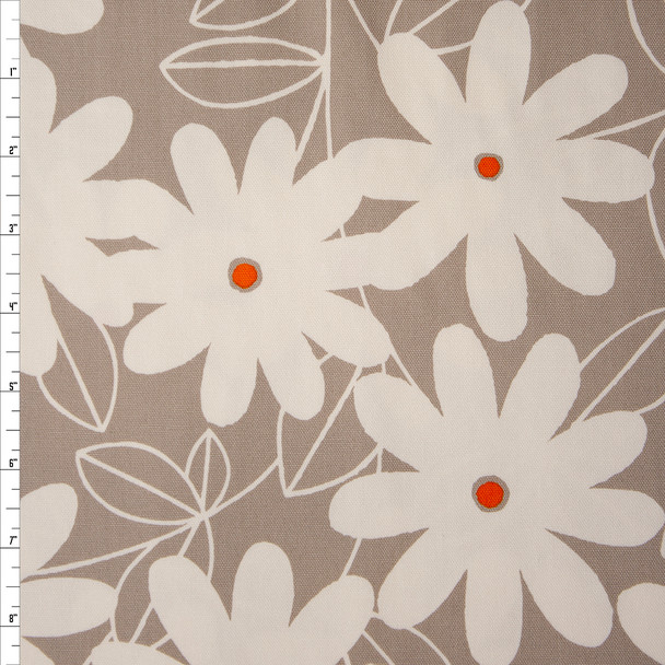 White Daisies with Orange Centers on Tan Midweight Canvas Print Fabric By The Yard