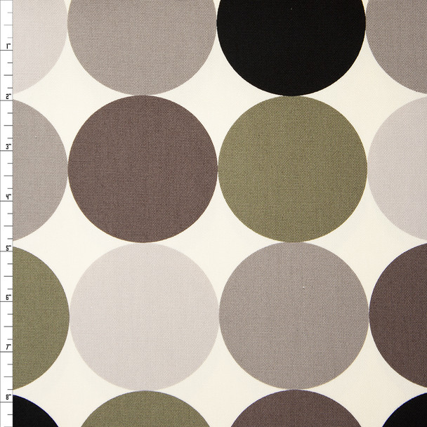 Large Dots in Shades of Grey and Olive on Offwhite Midweight Canvas Print Fabric By The Yard