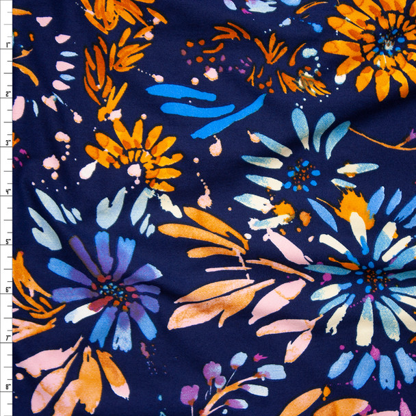 Pink, Blue, and Orange Firework Floral on Navy Blue Double Brushed Poly Spandex Fabric By The Yard