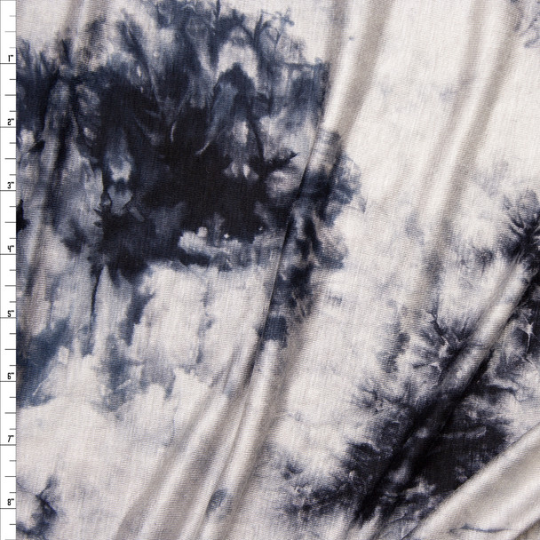 Midnight and Light Grey Tie Dye Stretch Rayon Jersey Fabric By The Yard