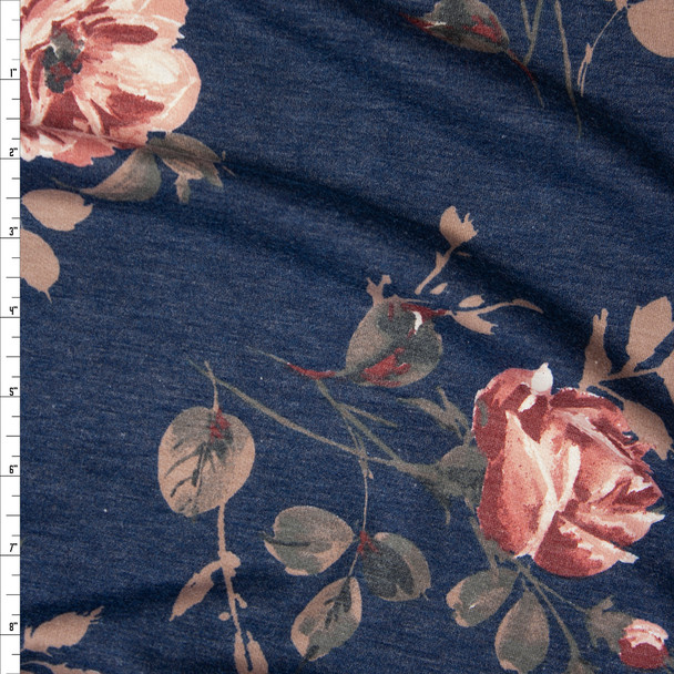 Mauve and Tan Floral on Slate Blue Heather Lightweight French Terry Fabric By The Yard