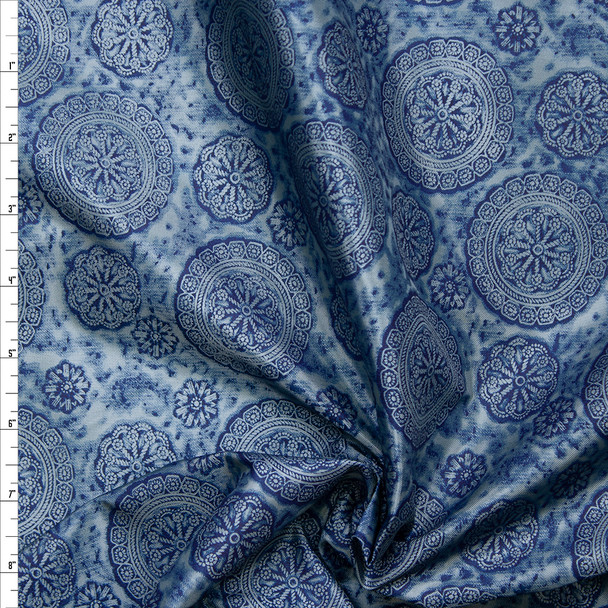 Navy Medallions on Light Blue MIdweight Poly Lining Fabric By The Yard
