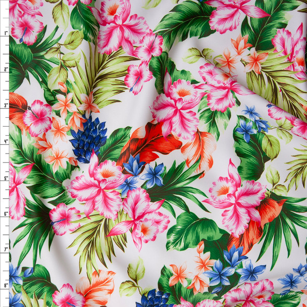 Pink, Orange, Blue, and Green Tropical Flowers and Leaves on White Nylon/Spandex Print Fabric By The Yard