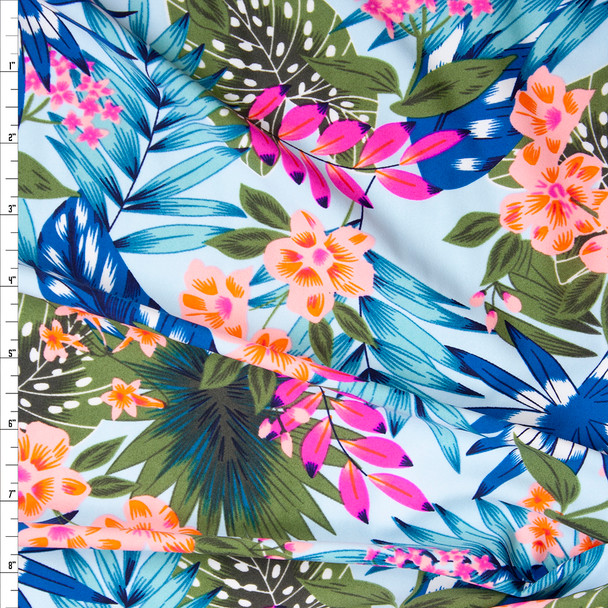 Green, Orange, Blue, Hot Pink, and Teal Tropical Flora on Aqua Nylon/Spandex Print Fabric By The Yard