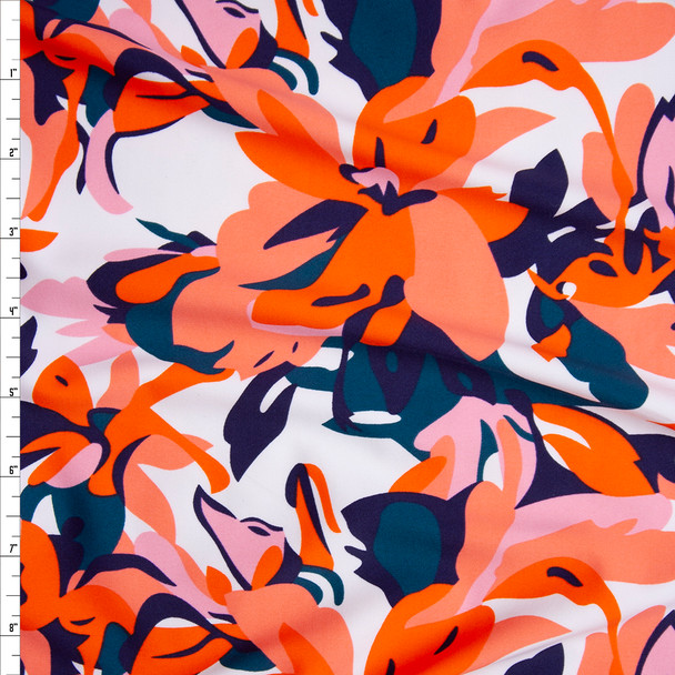 Orange and Teal Camo Look Tropical Floral Nylon/Spandex Print Fabric By The Yard