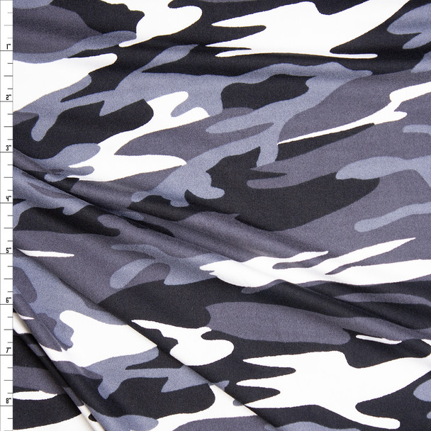 Black, Grey, and White Camouflage Double Brushed Poly Spandex Fabric By The Yard