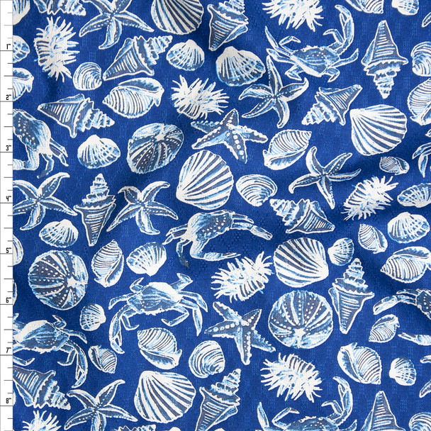 Midnight, Light Blue, and Ivory Seashells on Navy Blue Fine Cotton Jacquard from ‘Tori Richards’ Fabric By The Yard