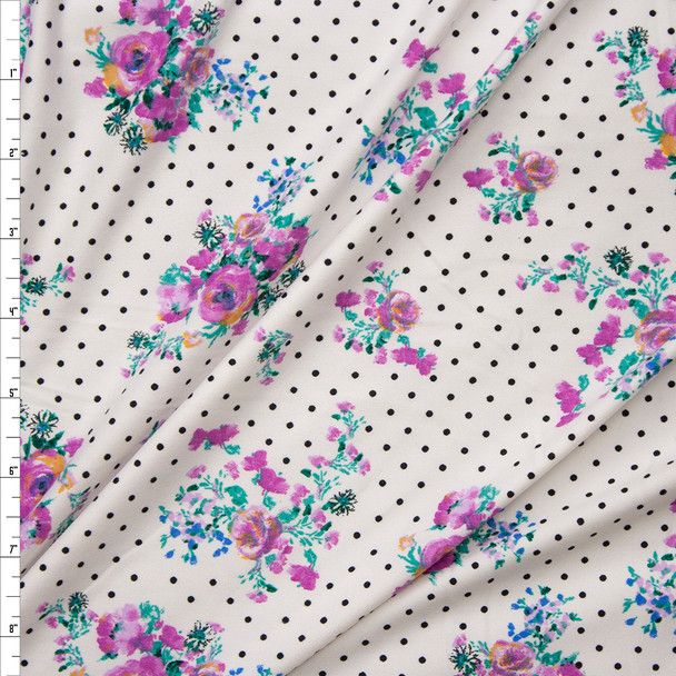 Lavender Floral on Black and White Polka Dot Double Brushed Poly Spandex Fabric By The Yard