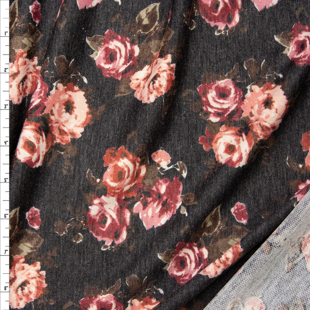 Rose Floral on Charcoal Heather Lightweight Poly/Rayon French Terry Fabric By The Yard