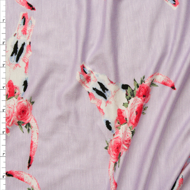 Flowers and Bull Skulls on Lavender Stretch Rayon Jersey Knit Fabric By The Yard