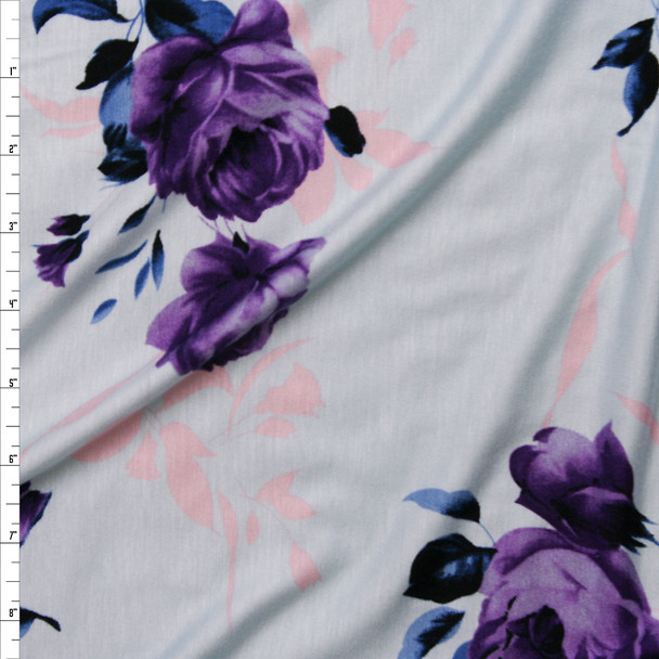 Plum, Teal, and Grey Floral on Baby Blue Stretch Rayon Jersey Knit Fabric By The Yard