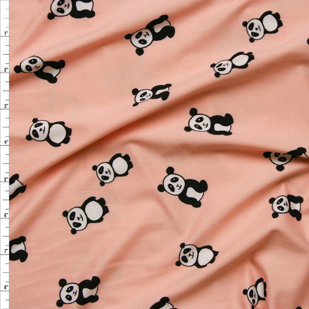 Black and White Pandas on Peach Double Brushed Poly/Spandex Knit Fabric By The Yard