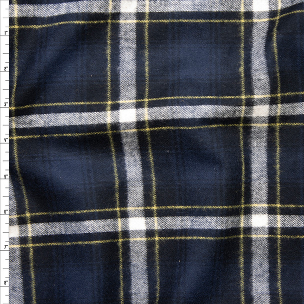 Navy, White, and Yellow Plaid Cotton Flannel Fabric By The Yard