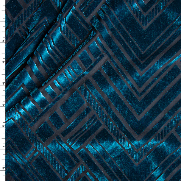 Teal Geometric Art Deco on Black Burnout Stretch Velvet Fabric By The Yard