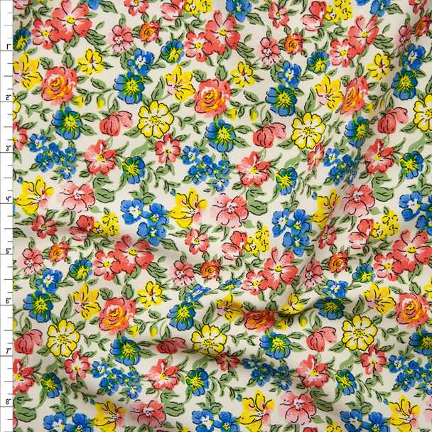 Pink, Yellow, Blue, and Green Garden Floral Polyester Challis Fabric By The Yard