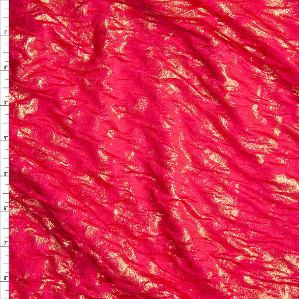 Metallic Gold on Hot Pink Double Layered Stretch Crinkle Knit Fabric By The Yard