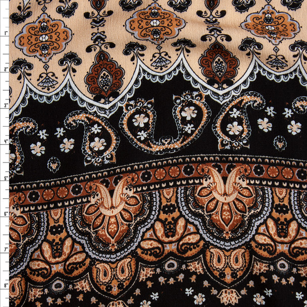 Brown, Tan, and Black Bohemian Stripe Rayon Gauze Print Fabric By The Yard
