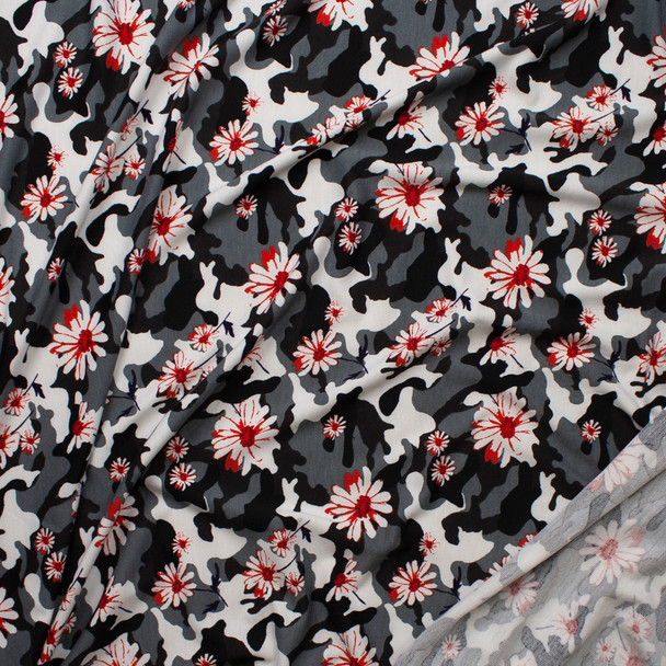 Red and White Daisies on Classic Grey Camouflage Poly/Rayon French Terry Fabric By The Yard - Wide shot Red and White Daisies on Classic Grey Camouflage Poly/Rayon French Terry Fabric By The Yard - Wide shot