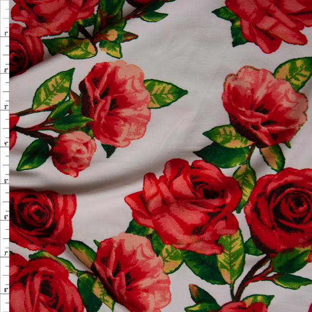 Red Roses with Green Leaves on Offwhite Double Brushed Poly Spandex Knit Fabric By The Yard