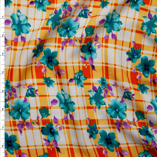 Teal and Purple Floral on Orange and White Plaid Rayon Challis Fabric By The Yard