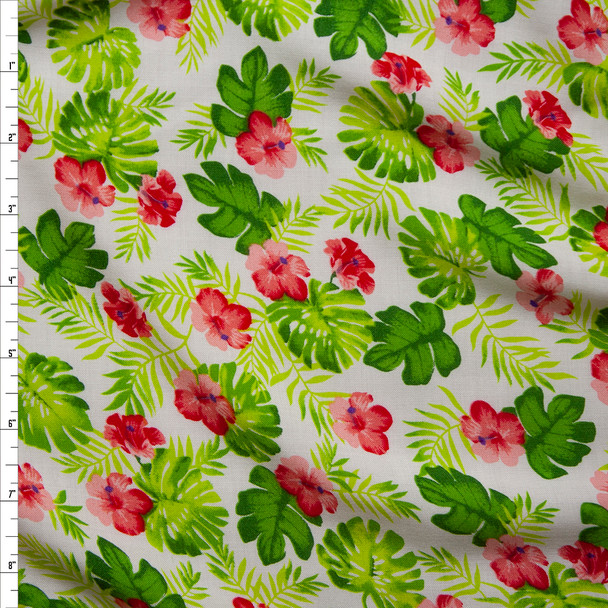 Green Fronds and Pink Hibiscus on White Rayon Challis Fabric By The Yard