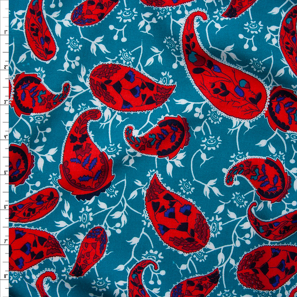 Red Paisleys and Ivory Branches on Teal Rayon Challis Fabric By The Yard