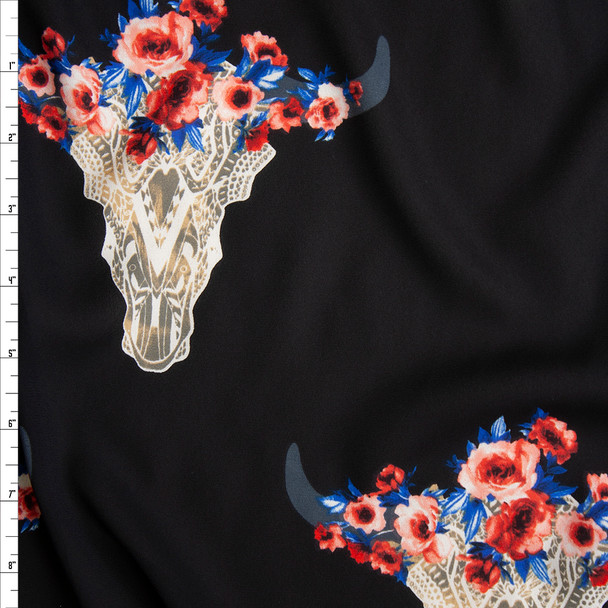 Ivory Lacey Cow Skulls with Hot Pink and Blue Rose Crowns on Black Georgette Fabric By The Yard