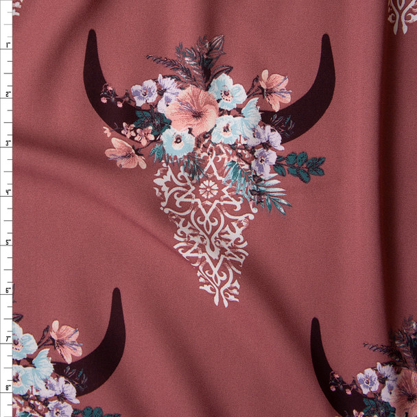 Ivory Lacey Cow Skulls with Blue and Pink Rose Crowns on Dusty Mauve Georgette Fabric By The Yard