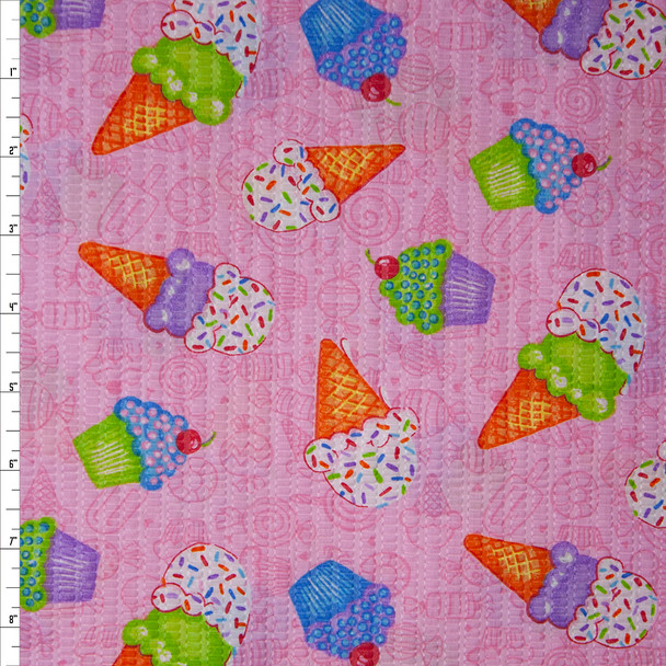 Ice Cream Cones and Cupcakes on Pink ‘Tutti Frutti’ Plissé Fabric By The Yard