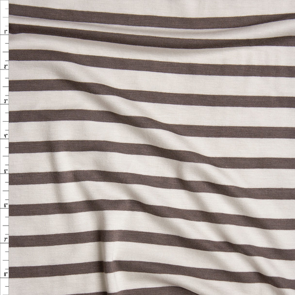 Taupe on Offwhite Pencil Stripe Stretch Modal Jersey Knit Fabric By The Yard