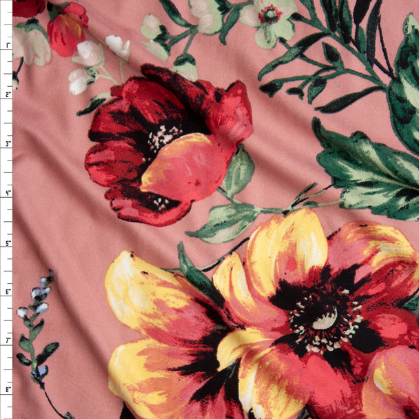 Pink, Yellow, Blush, and Green Large Floral on Pink Double Brushed Poly Spandex Knit Fabric By The Yard