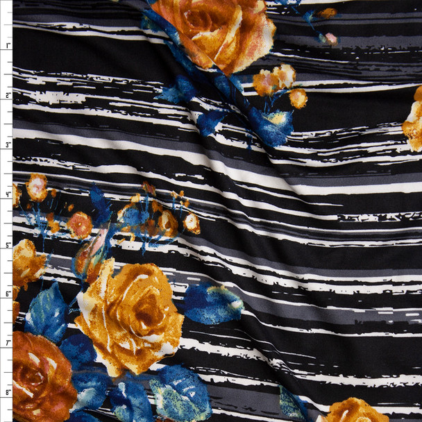 Yellow and Teal Rose Floral on Grey, Black, and White Grunge Stripes Double Brushed Poly Spandex Knit Fabric By The Yard