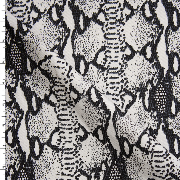 Black and Grey Snakeskin on White Stretch Cotton Twill Fabric By The Yard