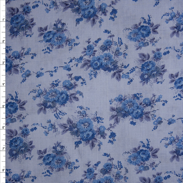 Blue on Blue Antique Floral Light Midweight Linen Fabric By The Yard